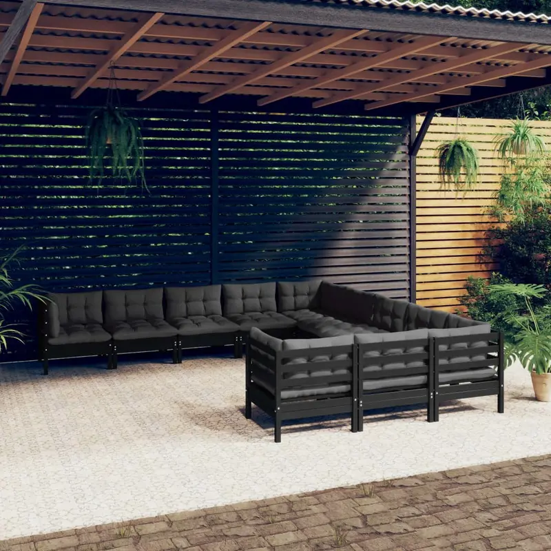 11-Piece Black Pinewood Lounge Set – Minimalist Outdoor Seating With Cushioned Comfort 1
