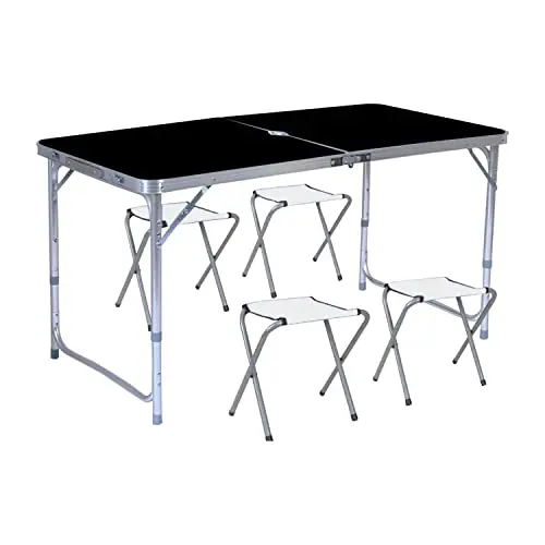 120Cm Black Camping Table With 4 Integrated Folding Chairs 1