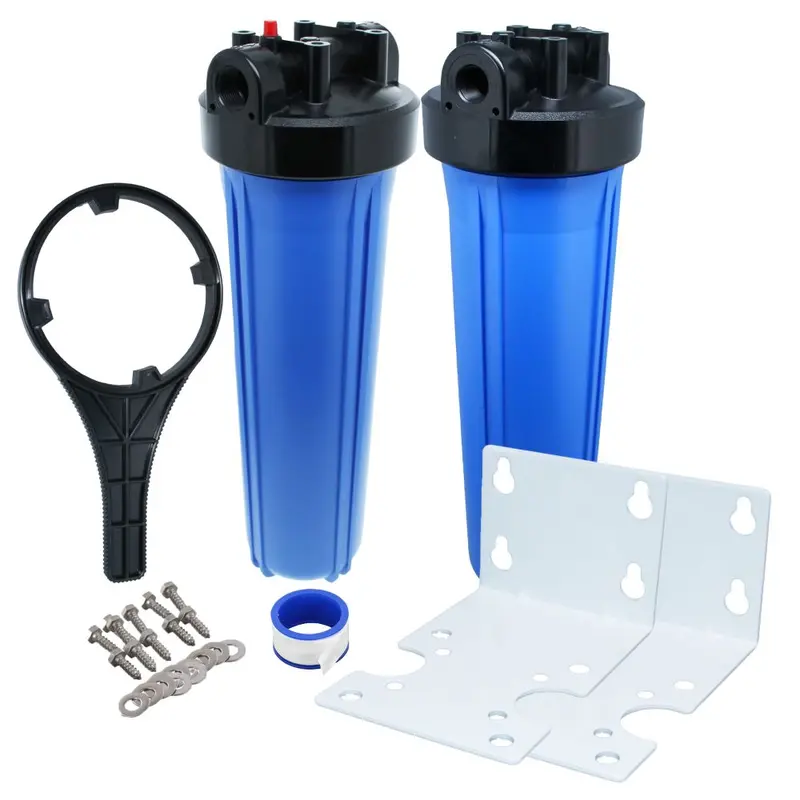 20-Inch Twin Parallel Filter Housing – Black Cap/Blue Sump, 1" Push-To-Connect, Includes Wrench 1