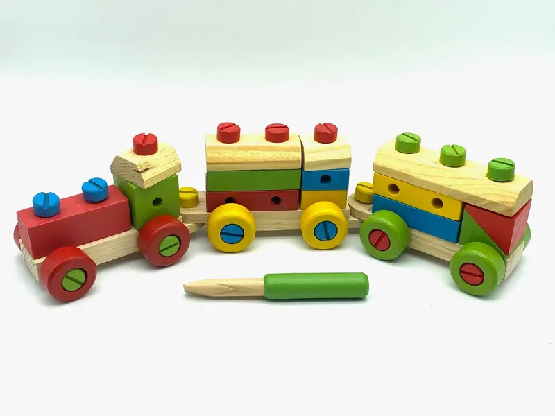 52-Piece Wooden Nut-And-Bolt Train Set With Stacking And Shape-Matching Puzzles 1