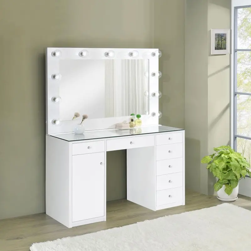 Acena White High-Gloss 7-Drawer Vanity With Integrated Led Lighting 1