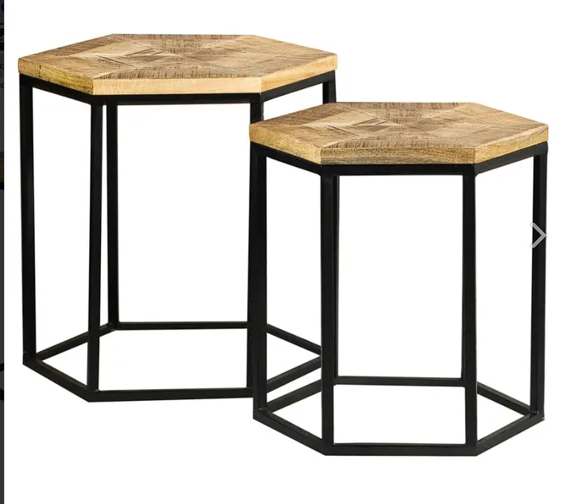 Adger Hexagonal Nesting Tables – Natural Wood And Black Metal 1