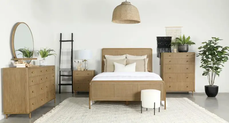 Arini 5-Piece Bedroom Collection In Sand-Washed Linen And Natural Cane 1