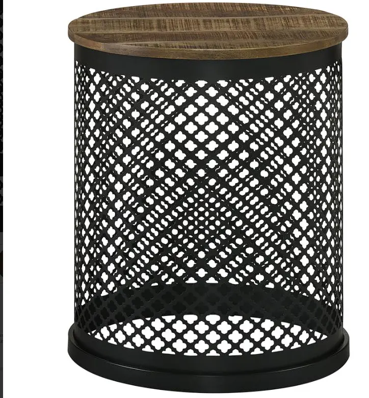 Aurora Round Drum-Style Accent Table – Natural Wood And Black Metal 1