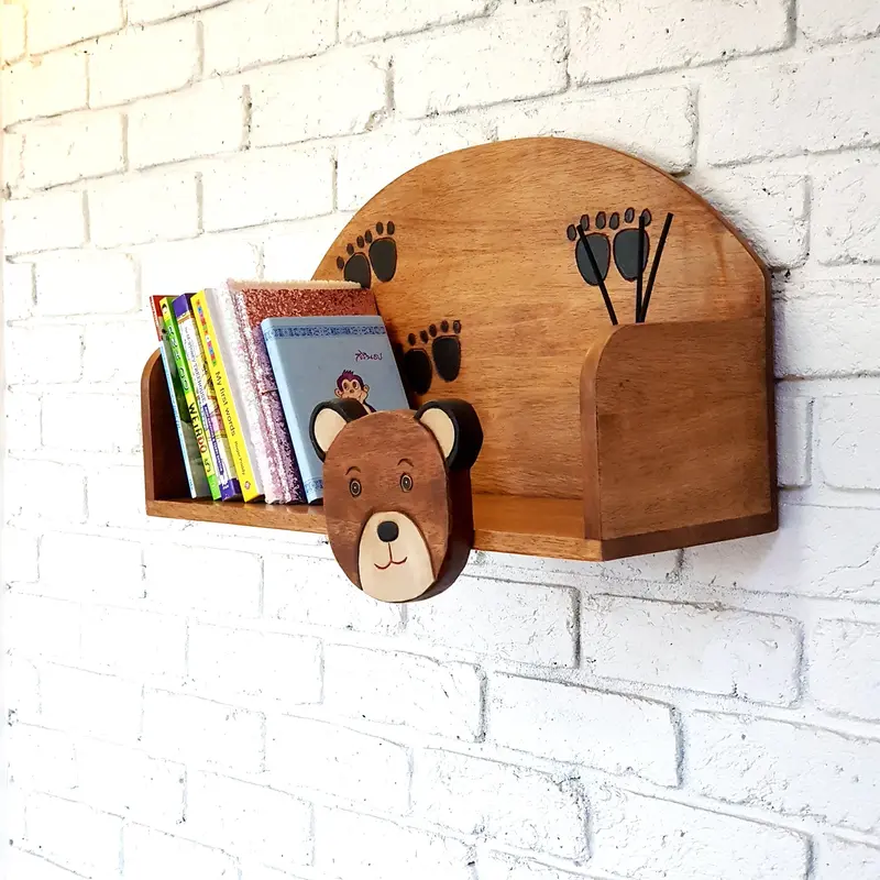 Bear-Themed Wooden Bookshelf – Wall-Mounted Children’S Room Storage With Included Fixings 1