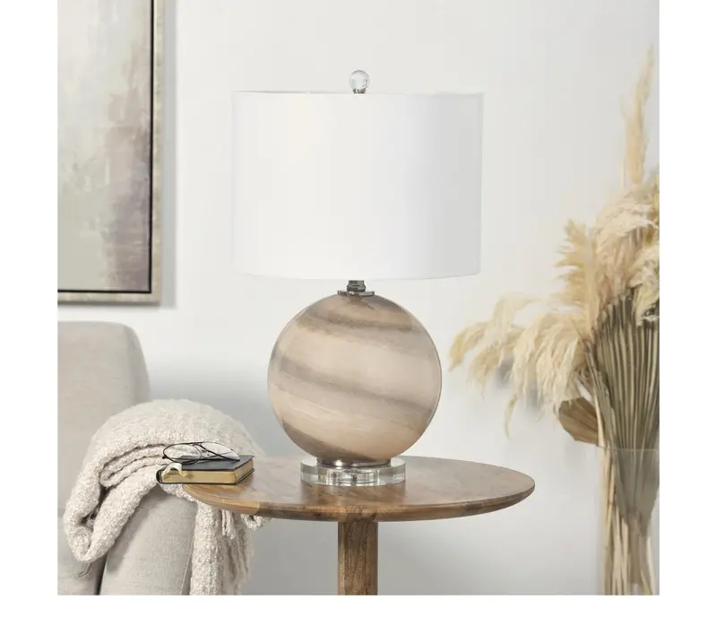Beige Glass Round Accent Lamp – Marble-Inspired Texture With Gold Trim (14" X 14" X 23") 1
