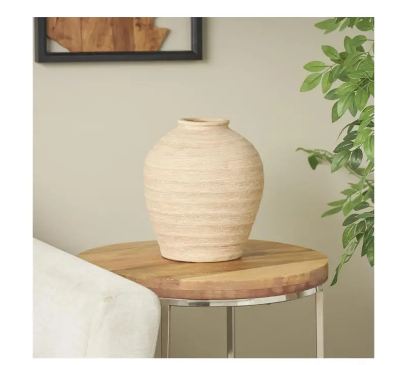 Beige Porcelain Wide-Base Vase – Subtle Textured Finish (9" X 10" X 11") 1