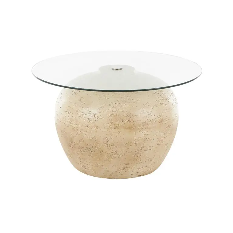 Beige Resin Low Coffee Table With Tempered Glass Top And Soft Contours 1