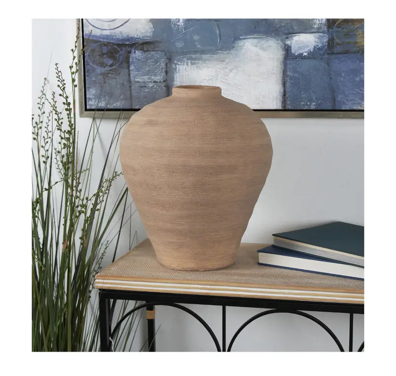 Beige Wide-Mouth Ceramic Vase With Textured Exterior – 14" L X 13" W X 17" H 1