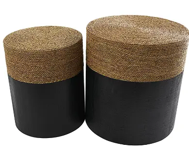 Black Handmade Color-Blocked Accent Table Set With Dried Botanical Tops – Two Heights (20" & 18" H) 1