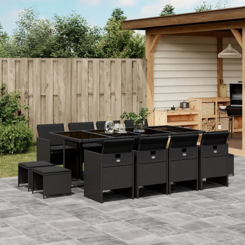 Black Poly-Rattan 13-Piece Outdoor Dining Set Featuring Plush Seat Cushions 1