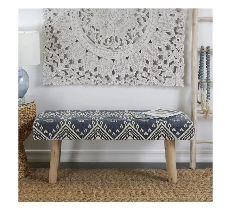 Blue Moroccan-Style Wooden Bench With Solid Wood Legs – 48" L X 18" W X 20" H 1