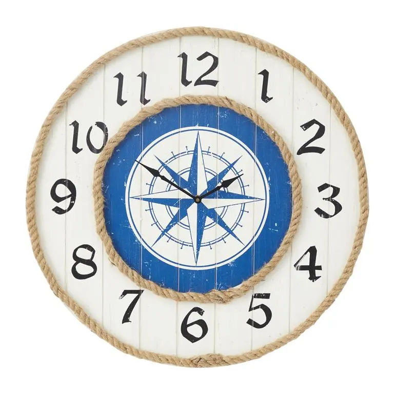 Blue Wood Compass Wall Clock With Nautical Rope Trim 1