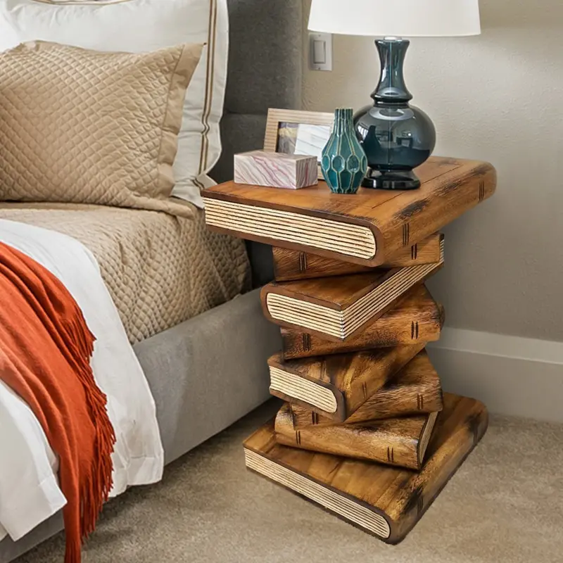 Book Stack Side Table – Natural Raintree Wood Corner Stool And Plant Stand 1