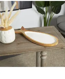 Brown Mango Wood Fish-Shaped Serving Tray With White Enamel Interior – 20" X 8" X 1" 1