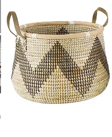 Brown Seagrass Storage Basket – Zigzag Weave, Black-And-White Plastic Trim, Leather Handles 1