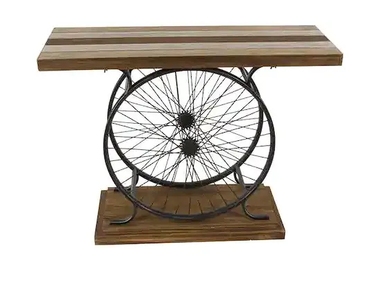 Brown Teak Bike-Themed Console Table With Slatted Top & Dual-Wheel Base 1