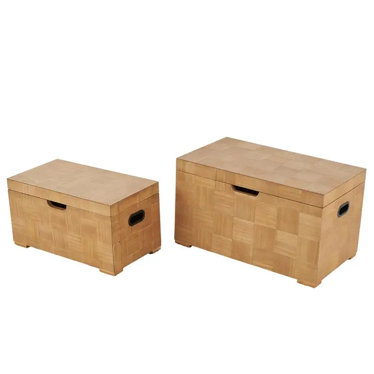 Brown Wood Decorative Trunk With Geometric Square Motifs And Black Metal Hardware 1