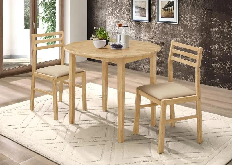 Bucknell Drop-Leaf Dining Set – 3-Piece Natural Wood & Tan Upholstery 1