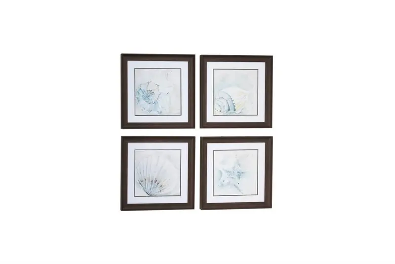 Coastal White Square Seashell Wall Art In Brown Wooden Frame 1