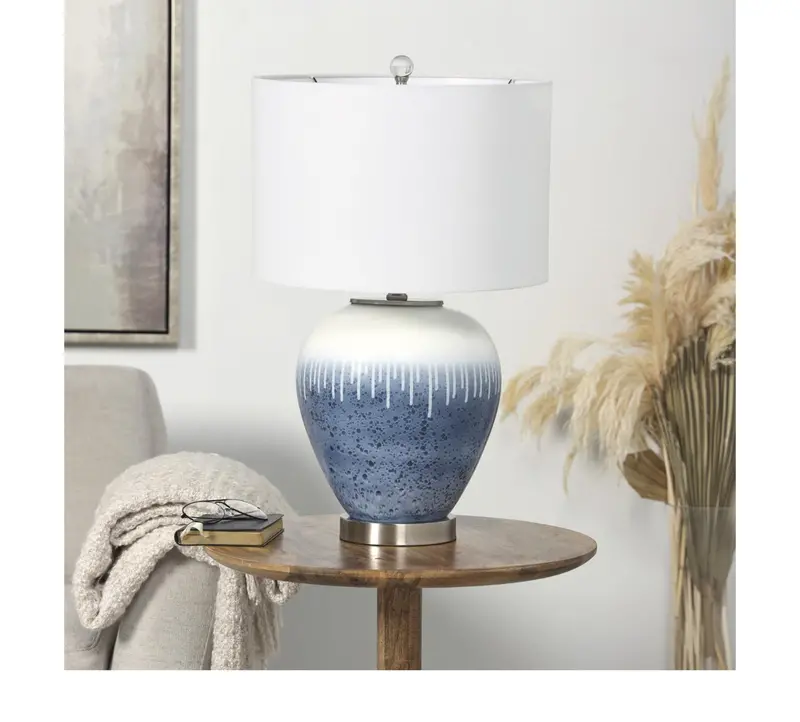 Color-Blocked Blue Glass Drip-Effect Accent Lamp – Cream & Silver Finish (14" X 14" X 25") 1