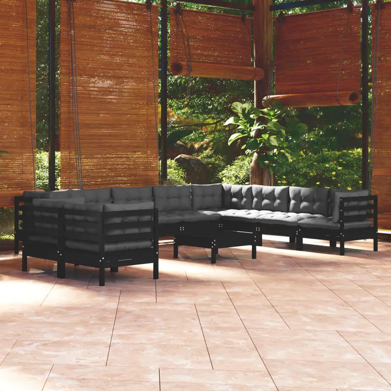 Contemporary 11-Piece Patio Lounge Set – Black Pinewood Frame & Textured Cushions 1