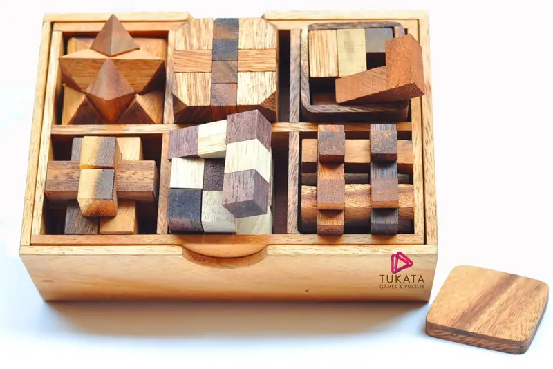 Curated Wooden Puzzle Set – Six Distinct Handcrafted Brainteasers In Elegant Presentation Box 1