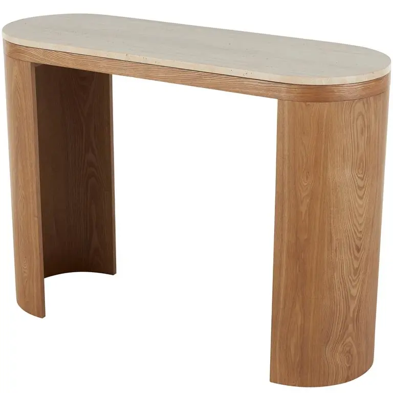 Curved Crescent Console Table – Brown Wood Living Room Furniture With Oval Beige Marble Top 1
