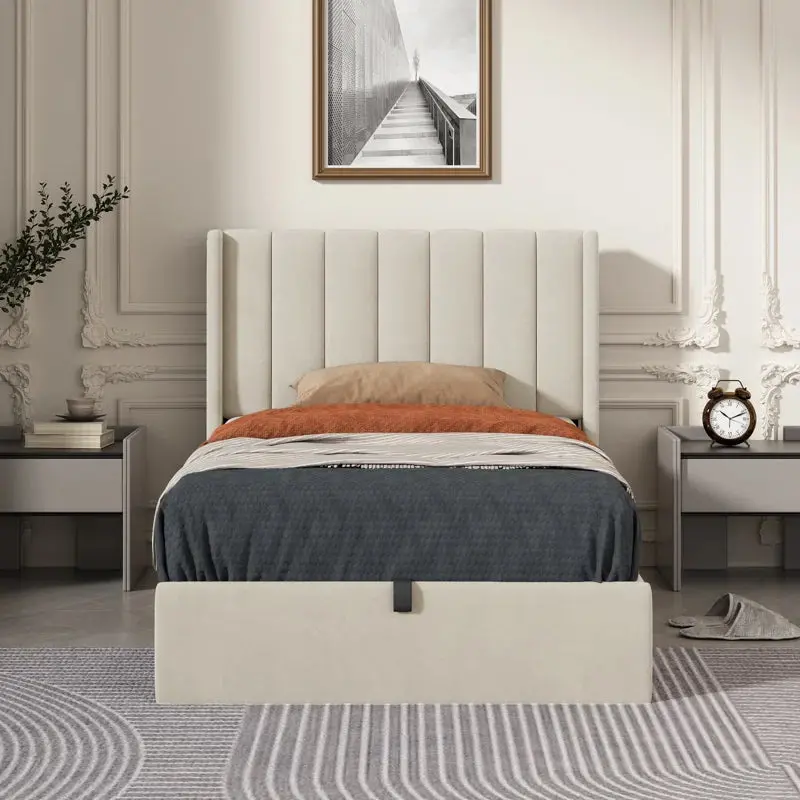 Daizia Lift-Up Storage Platform Bed – Modern Wingback Headboard With Hidden Compartment 1
