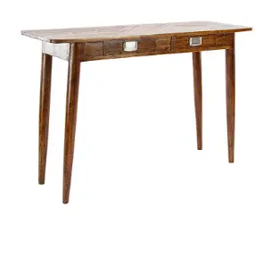 Dark Brown Two-Drawer Teak Console Table With Silver Pulls, 45" X 16" X 30" 1
