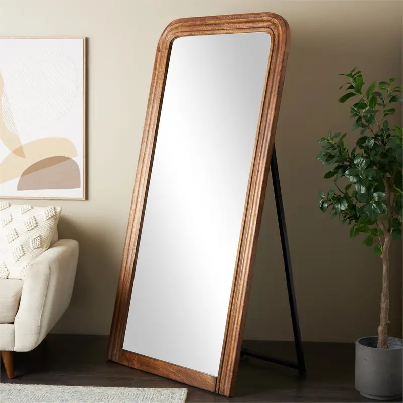 Distressed Brown Mango Wood Floor Mirror With Carved Detailing 1