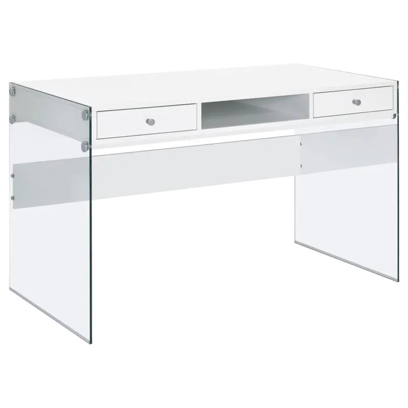 Dobrev High-Gloss White Writing Desk – 48-Inch 2-Drawer Office Workstation 1