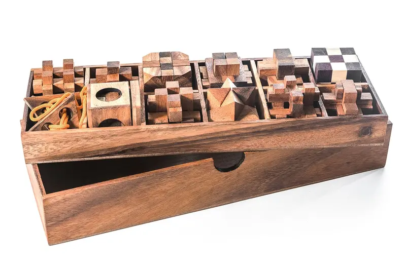 Educational Wooden Puzzle Box Collection – 12-Game Brain Teaser Set 1