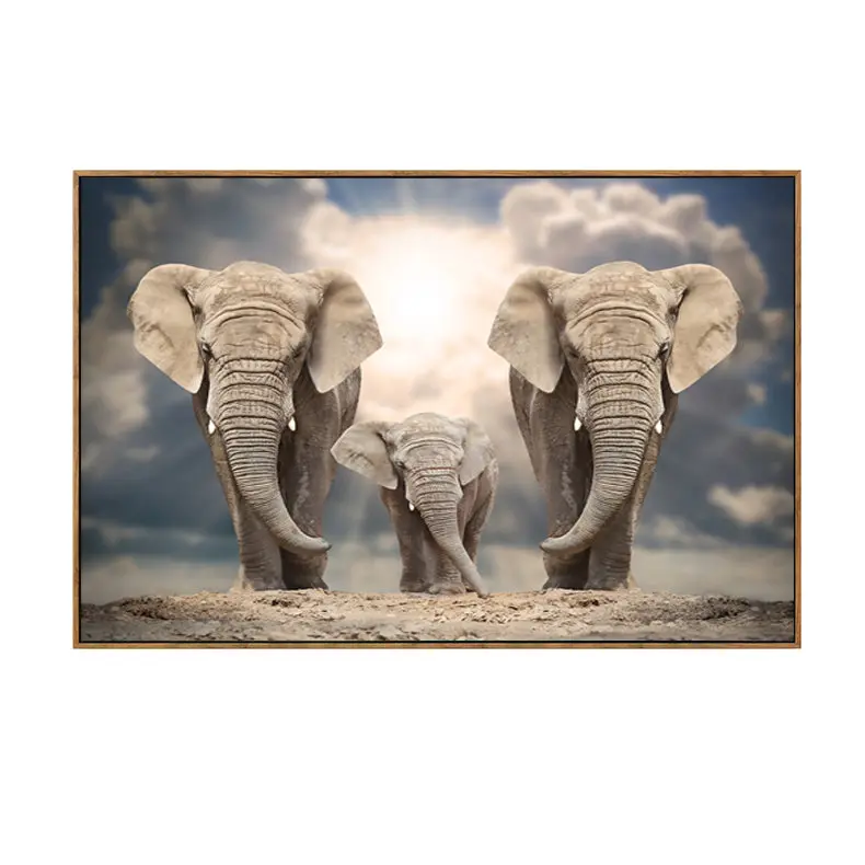 Elephant Family Canvas Wall Art – 80 Cm × 60 Cm Framed Animal-Themed Print 1