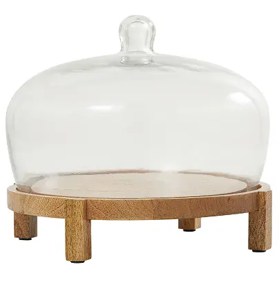 Elevated Brown Mango Wood Cake Stand With Glass Dome Cover – 12" X 12" X 10" 1