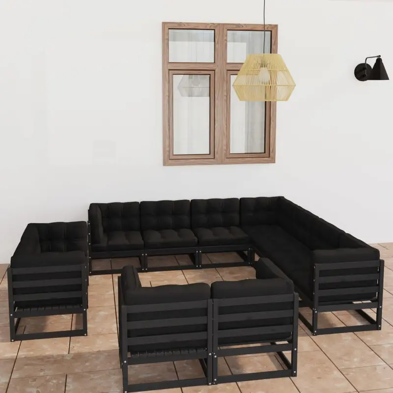 Eleven-Piece Black Solid Pinewood Garden Lounge Set With Comfort Cushions 1