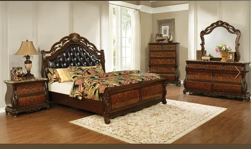 Exeter Dark Burl Tufted Queen Sleigh Bed With Upholstered Headboard 1