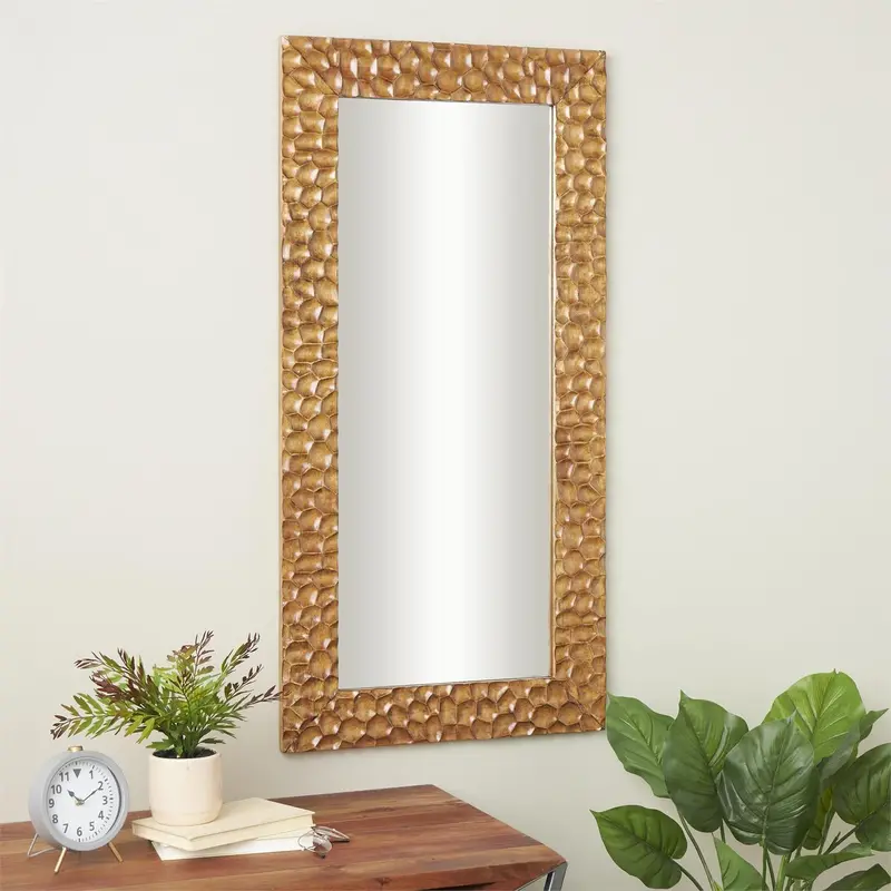 Floor-Length Honeycomb Mirror With Geometric Texture And Brown Wood Accent Frame 1