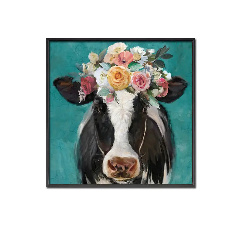 Framed Daisy And Cow Canvas Wall Art – 100 Cm × 100 Cm Contemporary Print 1