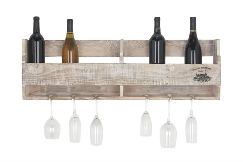 Functional Brown Wooden Wall-Mounted Wine Rack (10-Bottle + 6 Glass Slots) 1