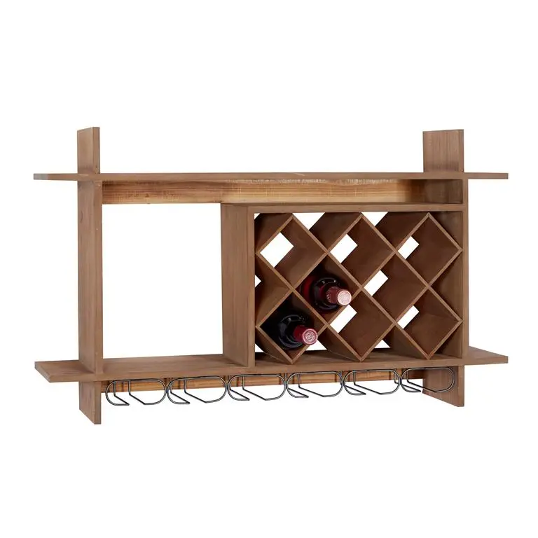 Geometric Brown Wood Wall Wine Rack (8-Bottle + 6 Glass Slots) 1