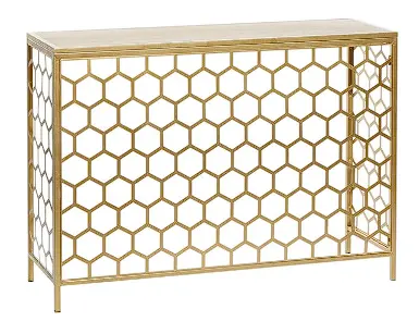 Gold Metal Honeycomb Console Table With Brown Wood Top, Geometric Industrial Design (42"L X 14"D X 30"H) 1