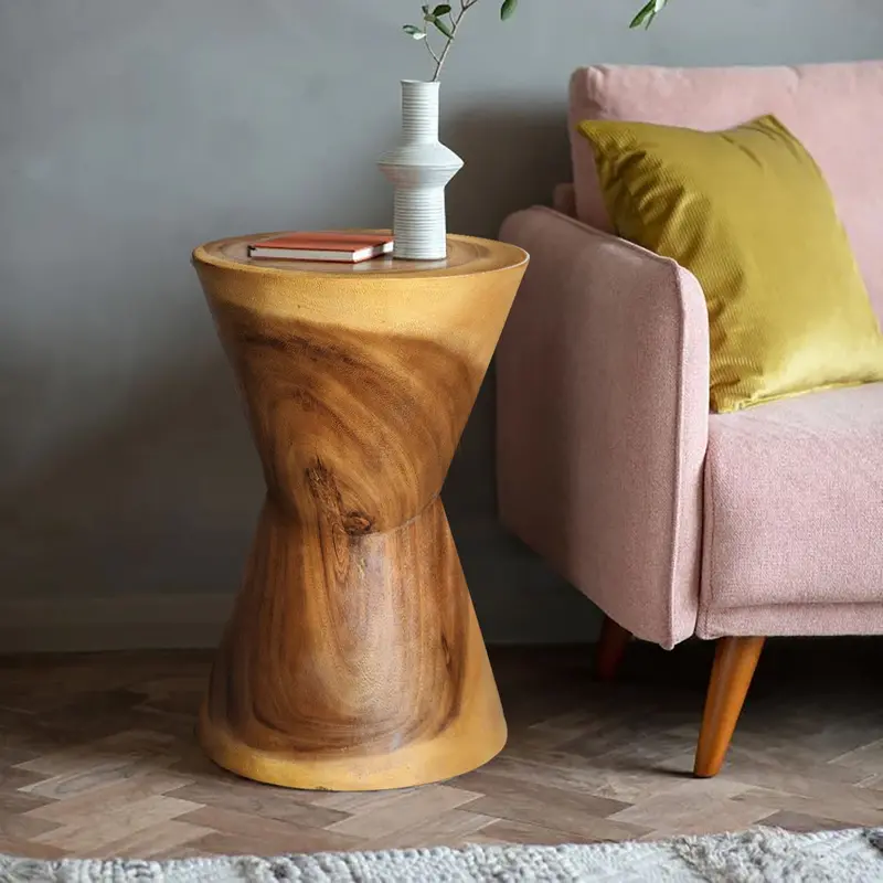 Hand-Carved Hourglass-Shaped Wooden Side Table – Versatile Bedside Or Drink Table (Mg3) 1