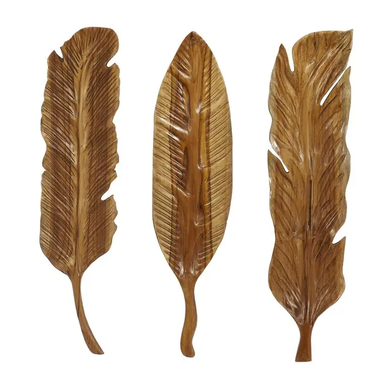 Hand-Carved Teak Wood Bird & Feather Wall Sculpture 1