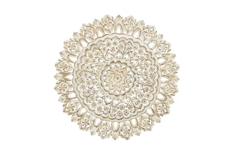 Hand-Carved White Wooden Mandala Wall Art With Floral Motifs 1