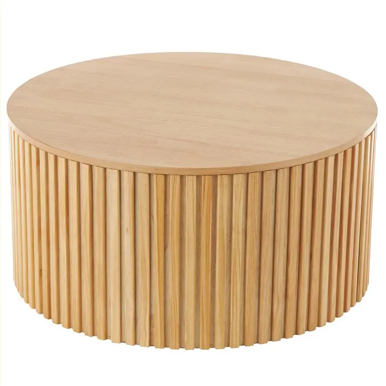 Handmade Brown Wood Ribbed Coffee Table With Slatted Underframe Support 1