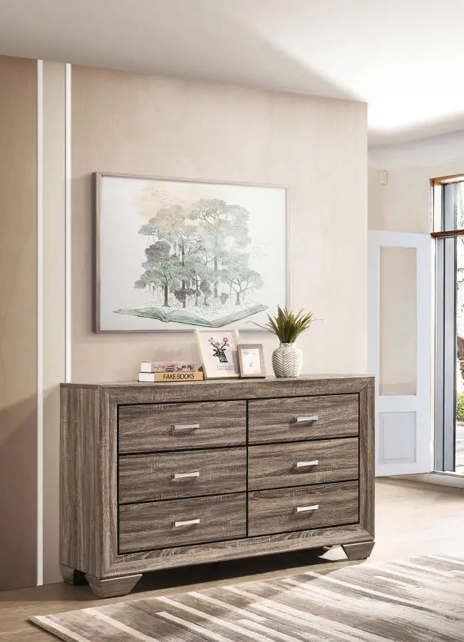 Kauffman Washed Taupe 6-Drawer Dresser With Brushed Nickel Hardware 1