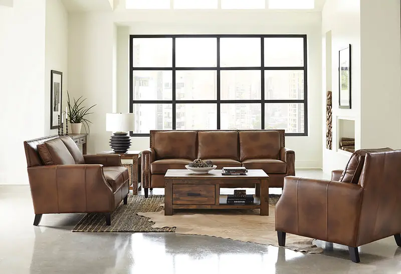 Leaton Brown Sugar Genuine Leather Sofa Set With Recessed Arms 1