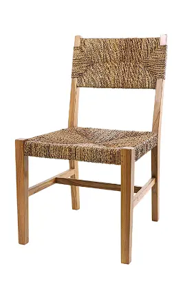 Light Teak Wood Accent Chair Featuring Handwoven Banana Leaf Seat 1