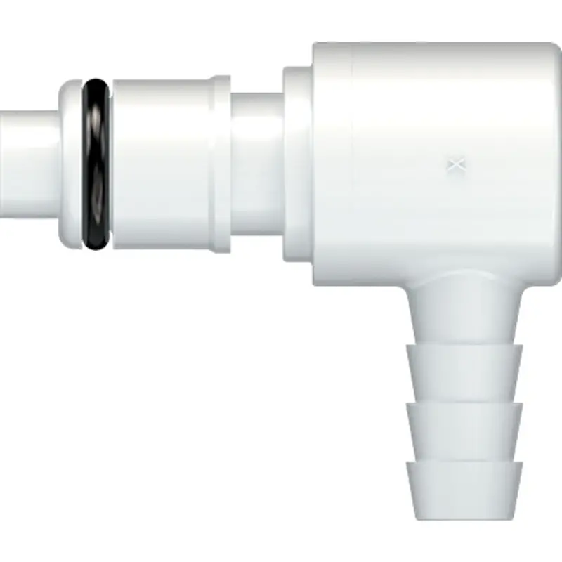 Linktech 50Ac Series Valved Elbow Fitting — 3/8" Hose Barb, Natural Acetal Body, Buna-N Seal 1